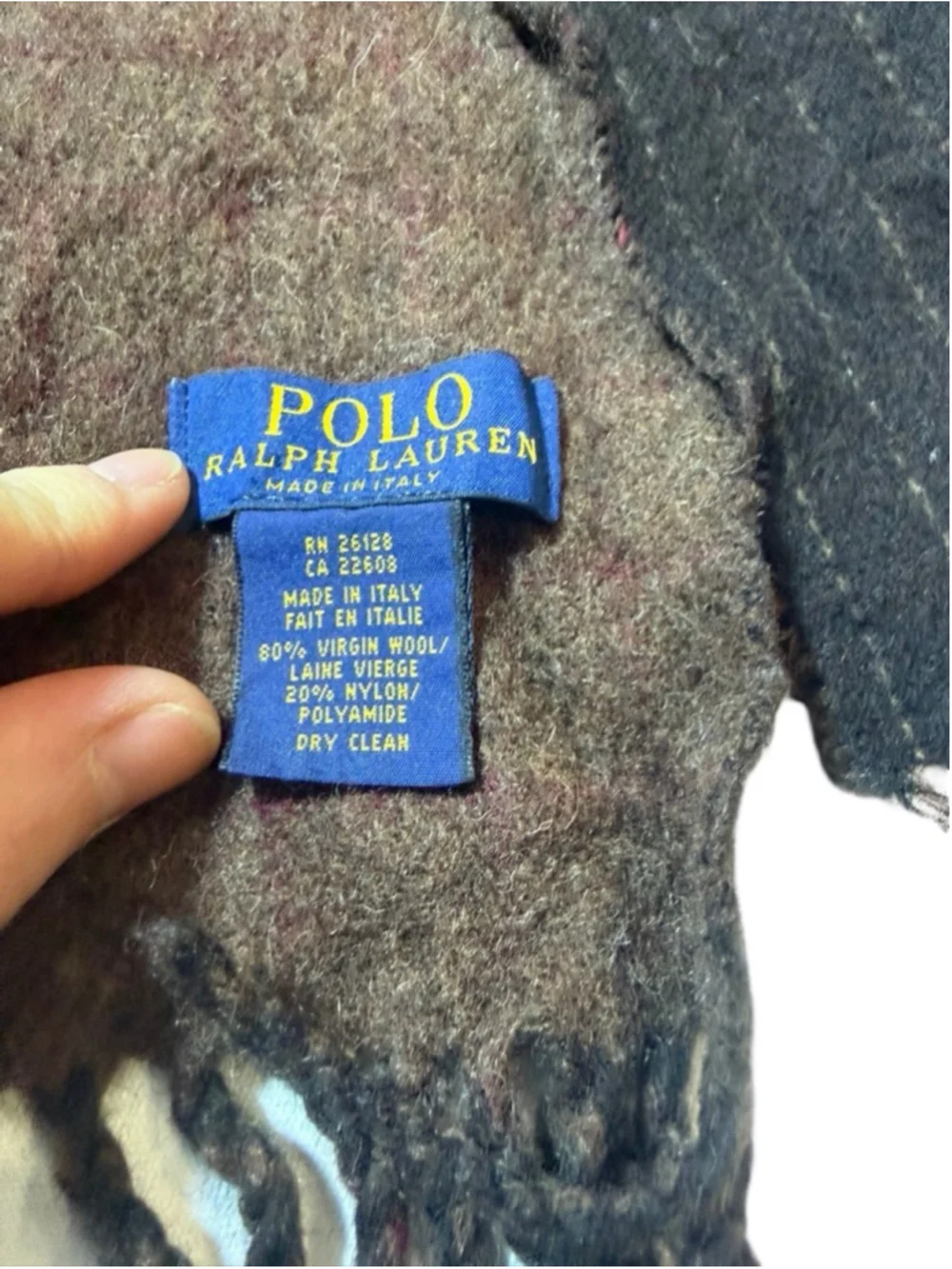 Polo Ralph Lauren Wool Scarf Reversible Brown Dark Brown Fringe Italy Classic